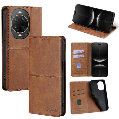Light brown leather magnetic phone case with flip cover, card slots, and viewing stand