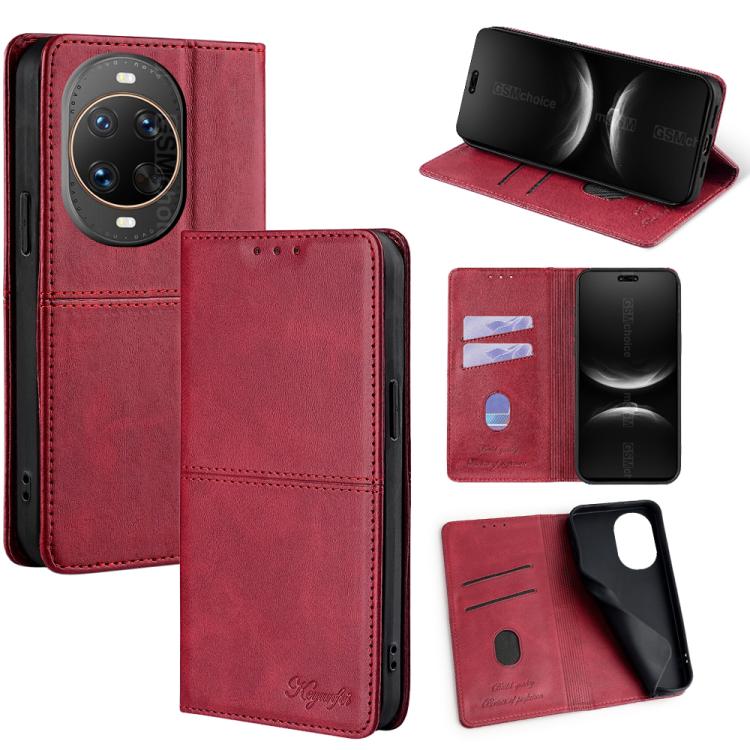 Red leather magnetic phone case with flip cover, card slots, and viewing stand