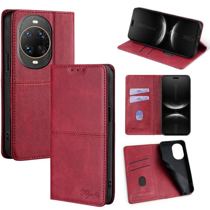 Red leather magnetic phone case with flip cover, card slots, and viewing stand