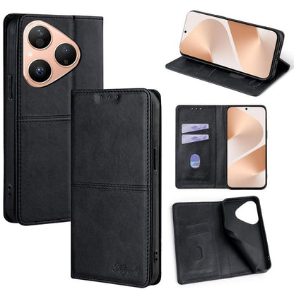 Black leather magnetic phone case with flip cover and card slots, front and stand view