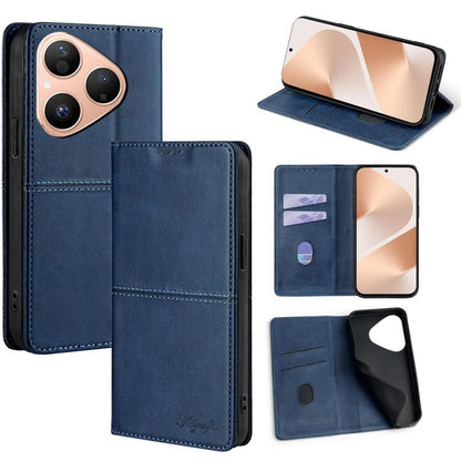 Blue leather magnetic phone case with flip cover and card slots, front and stand view