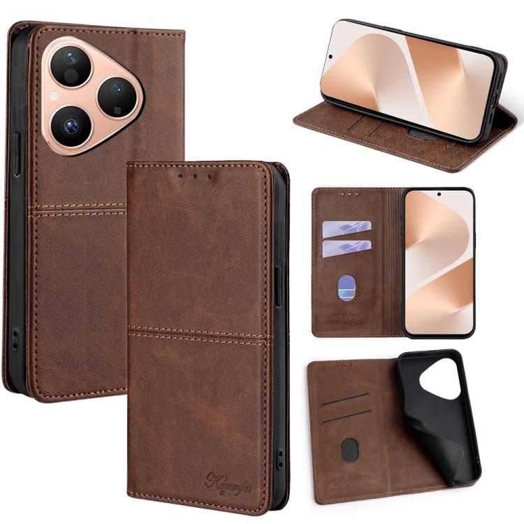 Dark brown leather magnetic phone case with flip cover and card slots, front and stand view