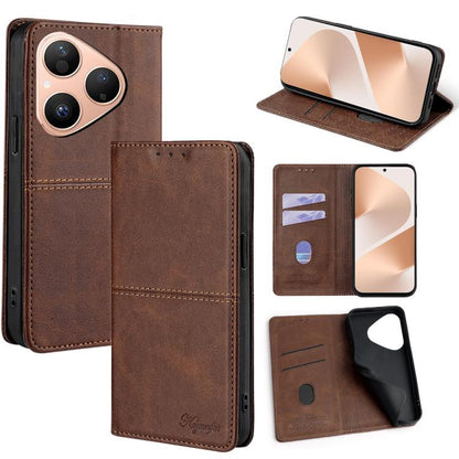 Dark brown leather magnetic phone case with flip cover and card slots, front and stand view