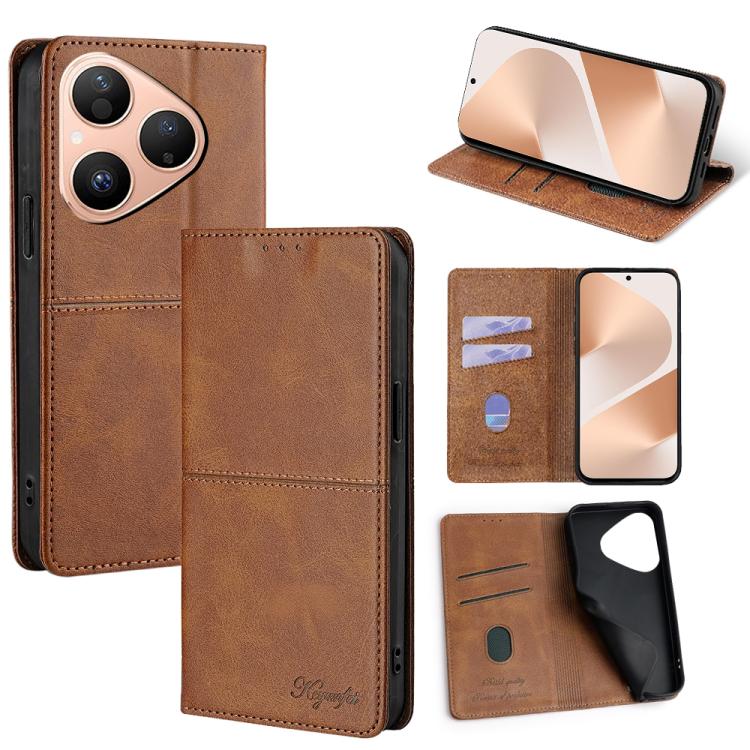 Light brown leather magnetic phone case with flip cover and card slots, front and stand view