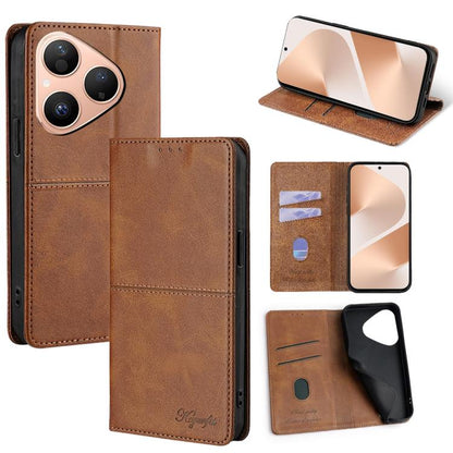 Light brown leather magnetic phone case with flip cover and card slots, front and stand view