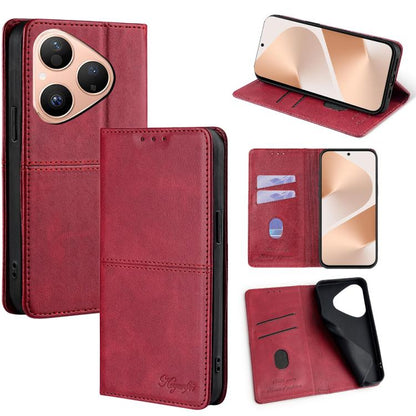 Red leather magnetic phone case with flip cover and card slots, front and stand view
