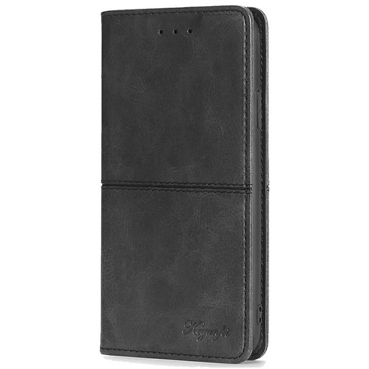 Magnetic leather wallet phone case, black, vertical front cover with stitched seams