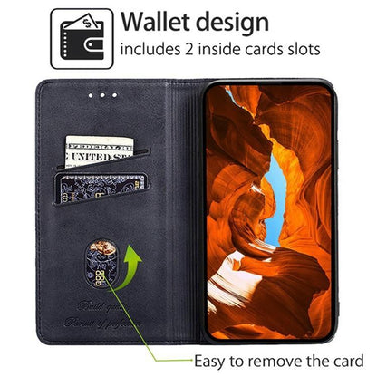Magnetic leather wallet phone case, black, open view with inner card slots