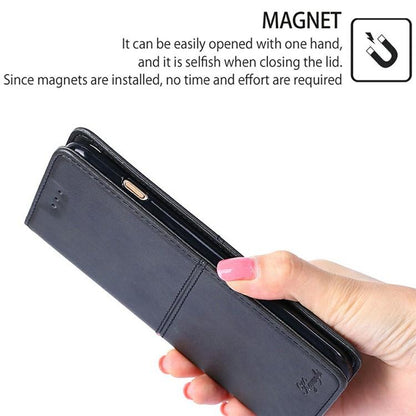 Magnetic leather wallet phone case, black, slim flip cover held in hand