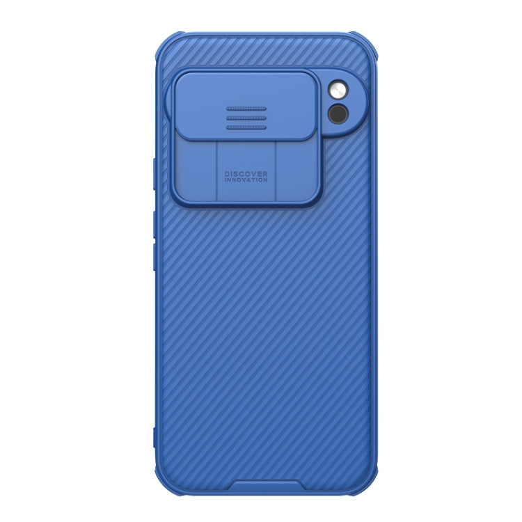 Blue phone case with camera cutout and sliding back cover