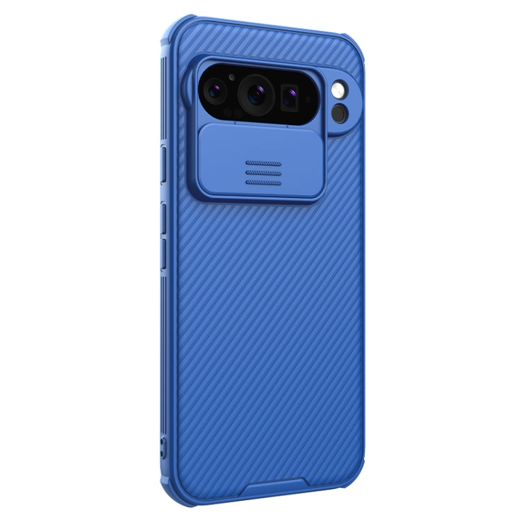 Blue phone case with dual camera cutouts and sliding back cover panel