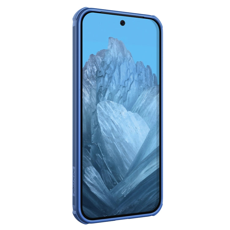 Blue phone case with raised bezel around screen and side button cutouts