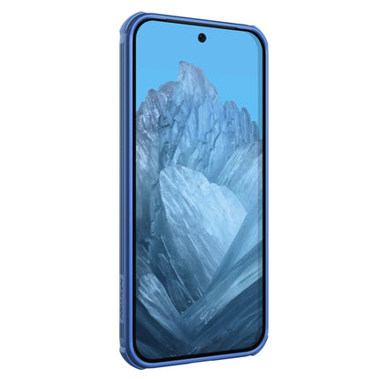 Blue phone case with raised bezel around screen and side button cutouts