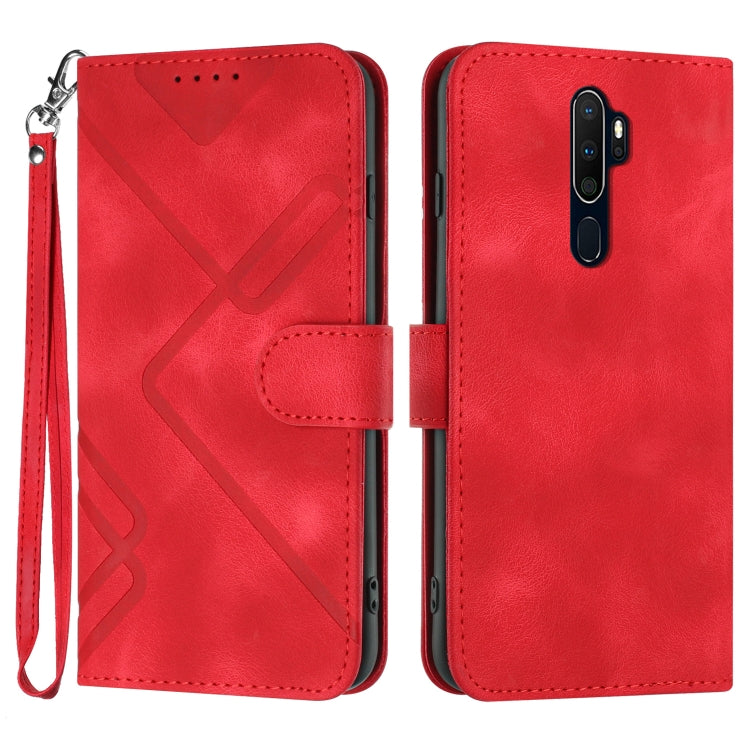 Red line-pattern leather phone case with wrist strap and magnetic flap closure