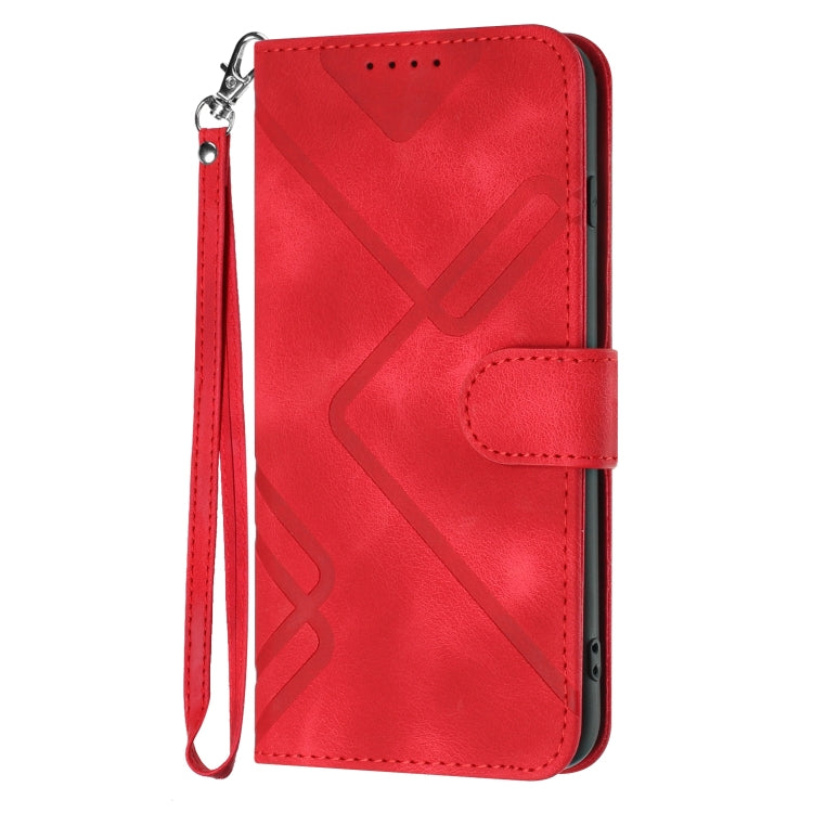 Red line-pattern leather wallet phone case with wrist strap, side view