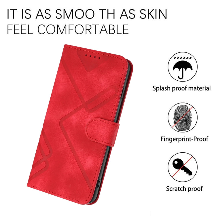 Red leather wallet phone case with line-pattern texture, cutouts, and snap closure