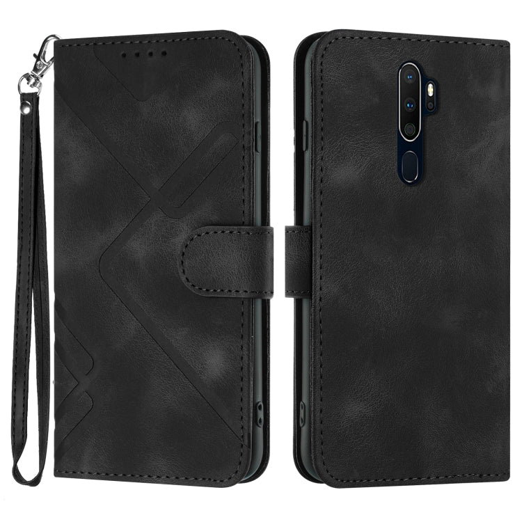 Black line-pattern leather wallet phone case with wrist strap and magnetic flap
