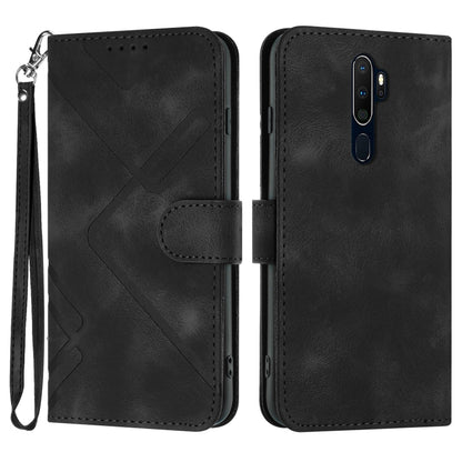 Black line-pattern leather wallet phone case with wrist strap and magnetic flap