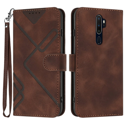 Coffee brown line-pattern leather phone case with wrist strap and magnetic flap