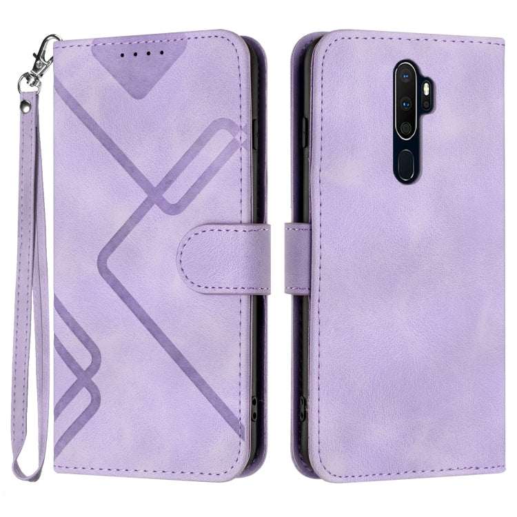 Light purple line-pattern leather phone case with wrist strap and magnetic flap