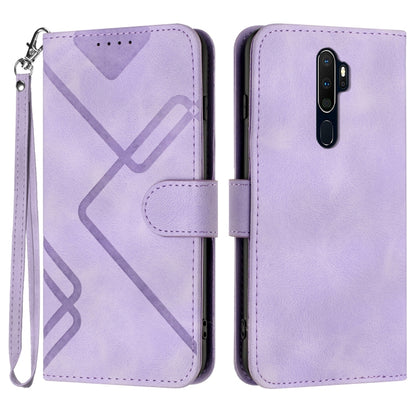 Light purple line-pattern leather phone case with wrist strap and magnetic flap