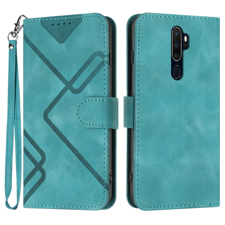 Teal leather-style phone case with diagonal line pattern, flip cover and wrist strap