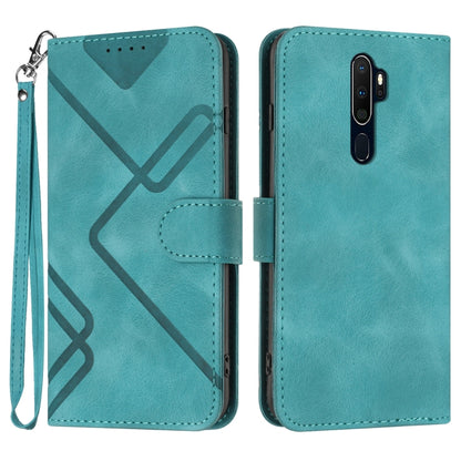 Teal leather-style phone case with diagonal line pattern, flip cover and wrist strap