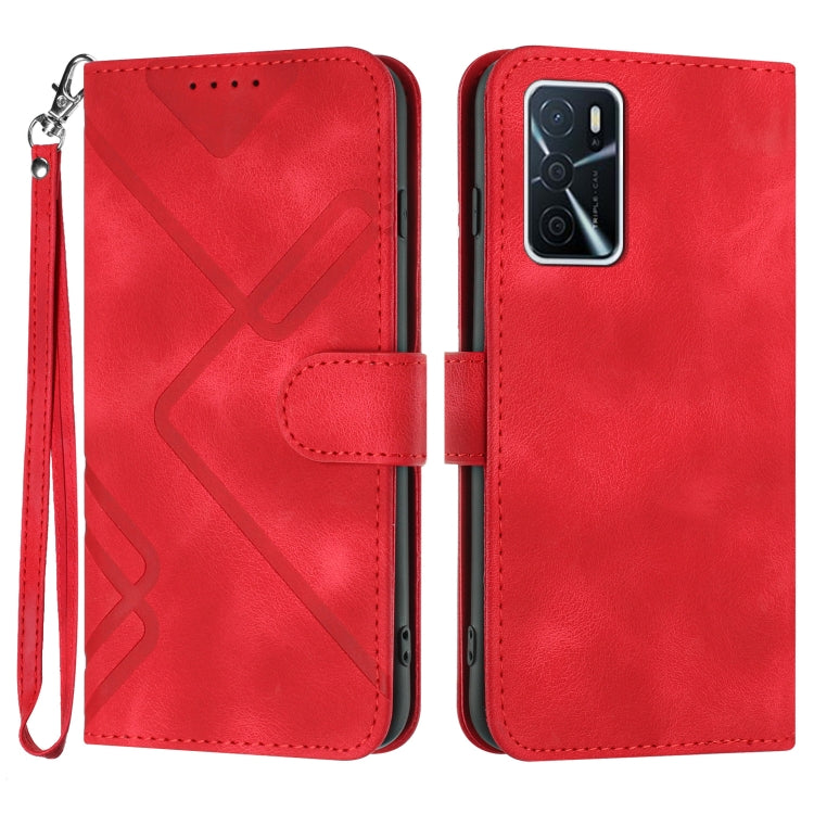 Red leather wallet phone case with line pattern, magnetic flap and wrist strap.