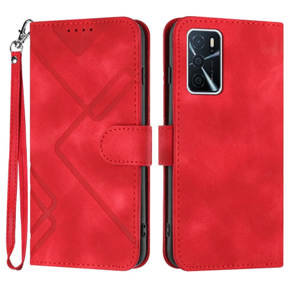 Red leather wallet phone case with line pattern, magnetic flap and wrist strap.