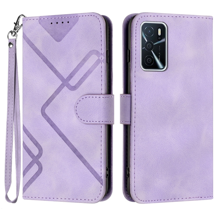 Light purple leather wallet phone case, line pattern, front flap with wrist strap and cutouts.