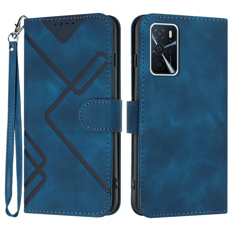 Blue leather-style wallet phone case with wrist strap and diagonal line pattern.
