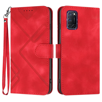 Red leather-look wallet phone case with line pattern, flip cover, wrist strap