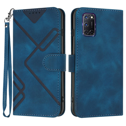 Blue leather wallet phone case with geometric line pattern, wrist strap and cutouts