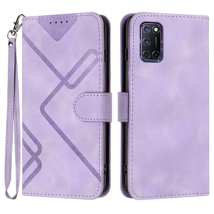 Light purple leather wallet phone case with geometric line pattern, wrist strap and camera cutout