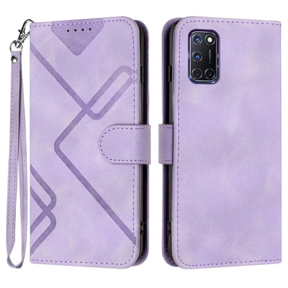Light purple leather wallet phone case with geometric line pattern, wrist strap and camera cutout