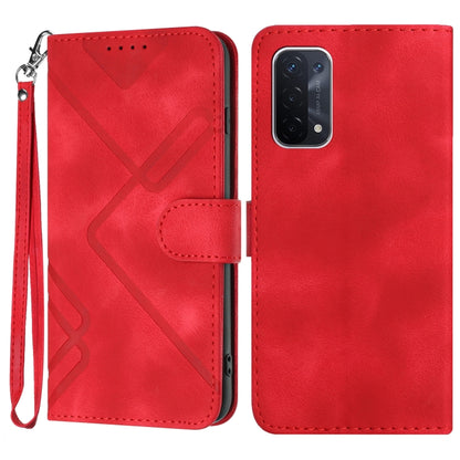 Red leather wallet phone case with line pattern, flip cover, and wrist strap