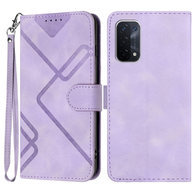 Light purple leather wallet phone case with line pattern, flip cover, and wrist strap