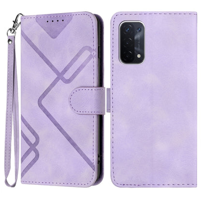 Light purple leather wallet phone case with line pattern, flip cover, and wrist strap