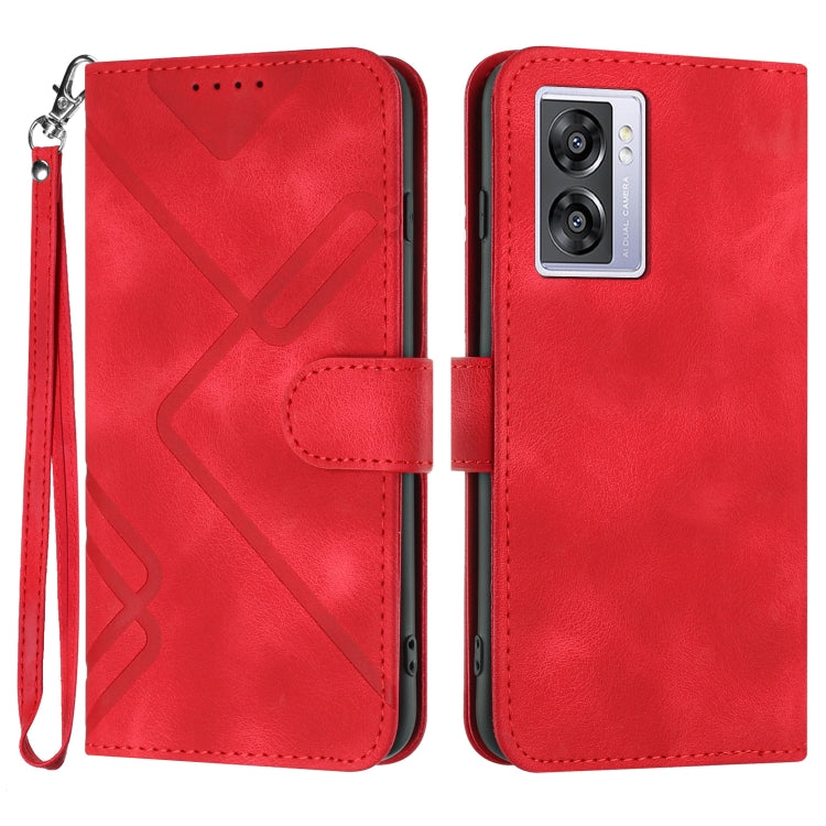 Red leather phone case with line pattern, folio flap and wrist strap.
