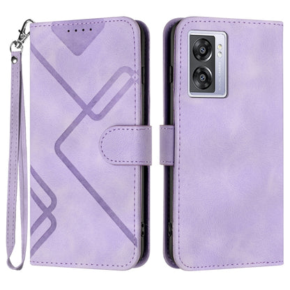 Light purple leather phone case with line pattern, folio flap and wrist strap.