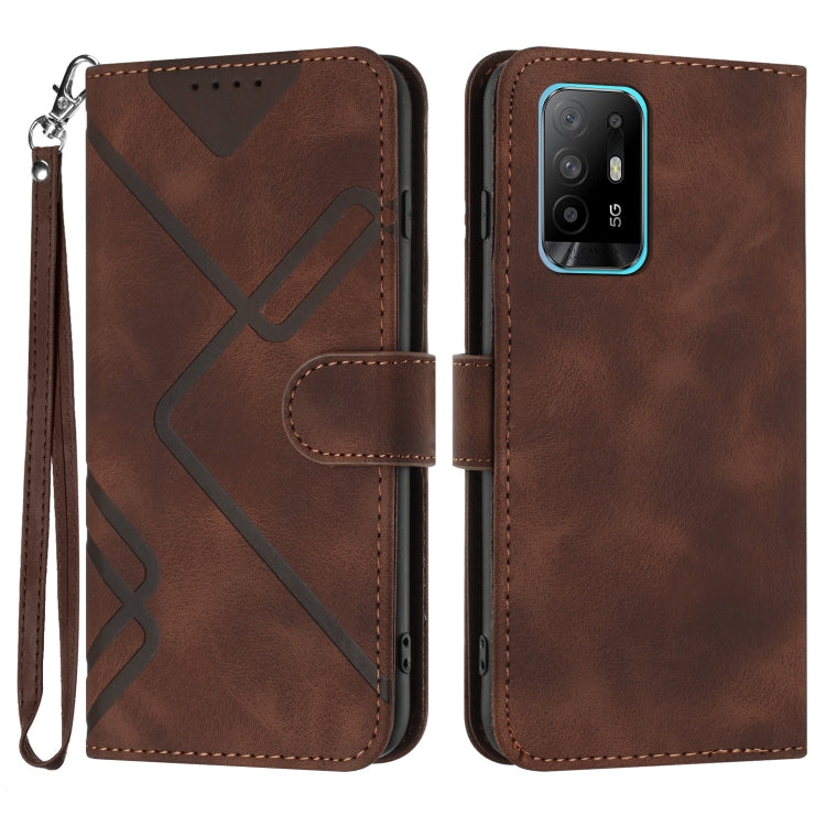 Brown leather wallet phone case with line pattern, flip cover, and wrist strap