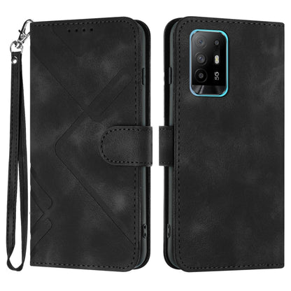 Black leather phone case with geometric line pattern, wallet flap, wrist strap