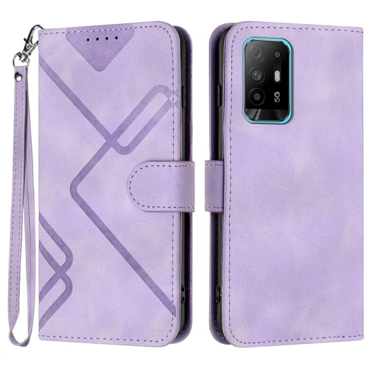 Light purple leather phone case with geometric line pattern and card slot, wrist strap
