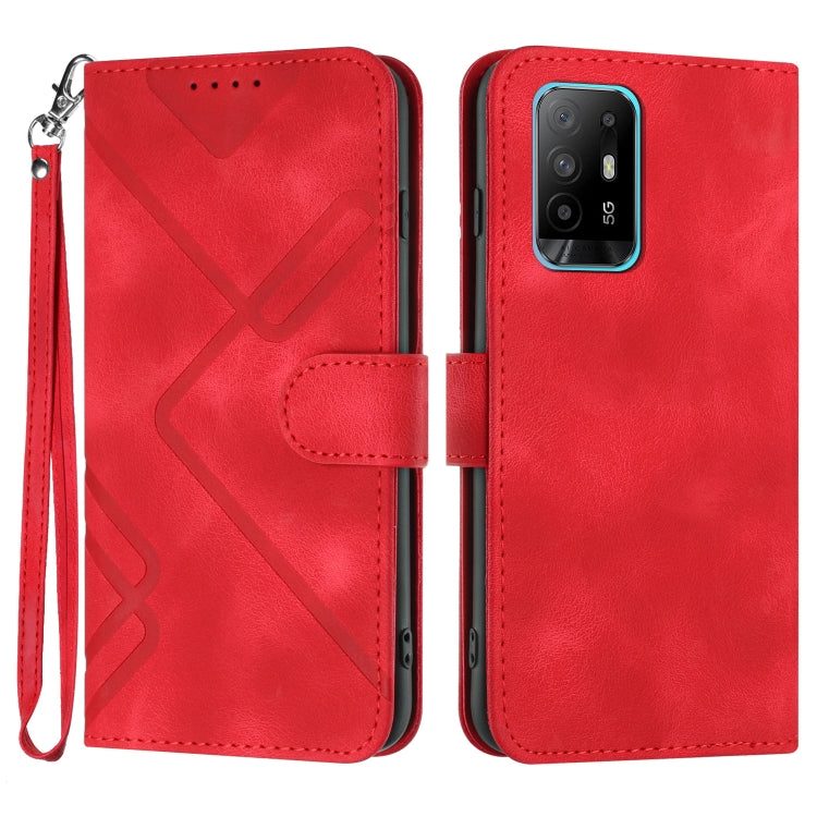 Red leather folio phone case with geometric line pattern and wrist strap