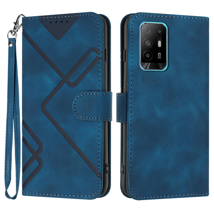 Blue leather wallet phone case with line pattern, magnetic flap and wrist strap.