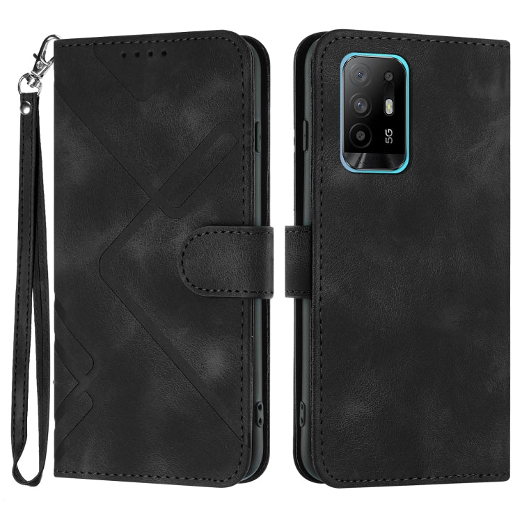 Black leather wallet phone case with line pattern, magnetic flap and wrist strap.