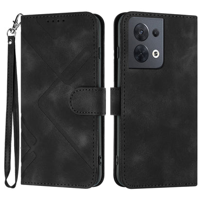 Black leather wallet phone case with line pattern, wrist strap and front flip cover