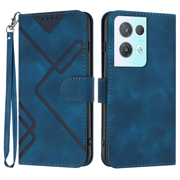 Blue leather wallet phone case with line pattern, wrist strap and front flip cover