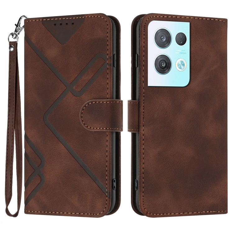 Brown leather wallet phone case with line pattern, wrist strap and card pocket