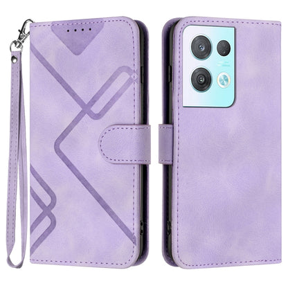 Light purple leather wallet phone case with line pattern, wrist strap and cutouts